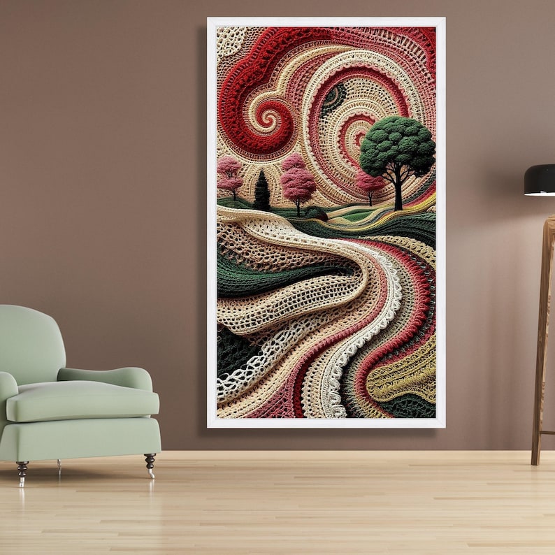 Abstract Crochet Landscape Canvas, Spiral Yarn Art, Handmade Style Wall Decor, Colorful Textile Canvas Art, Modern Home Decoration image 4