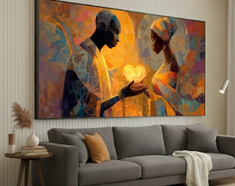 Radiant Love Exchange Canvas, African Couple Portrait Wall Art, Warm Golden Tones, Heart Symbol Artwork, Modern Home Decoration