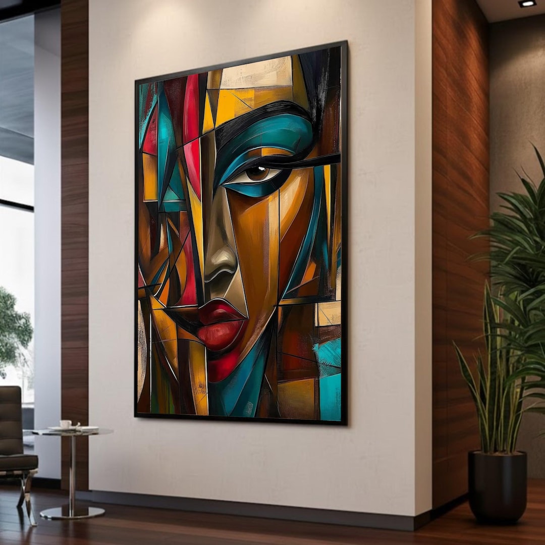 Abstract Cubist Woman Face Canvas, Modern Geometric Portrait Wall Art ...