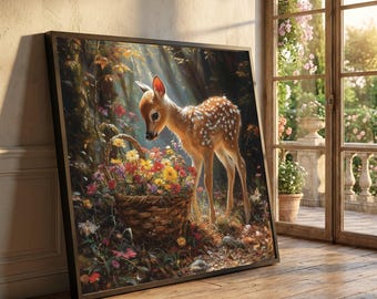 Gentle Fawn with Flower Basket, Woodland Scene Canvas, Baby Deer Wall Art, Nature Wildlife Canvas, Forest Animal Decoration