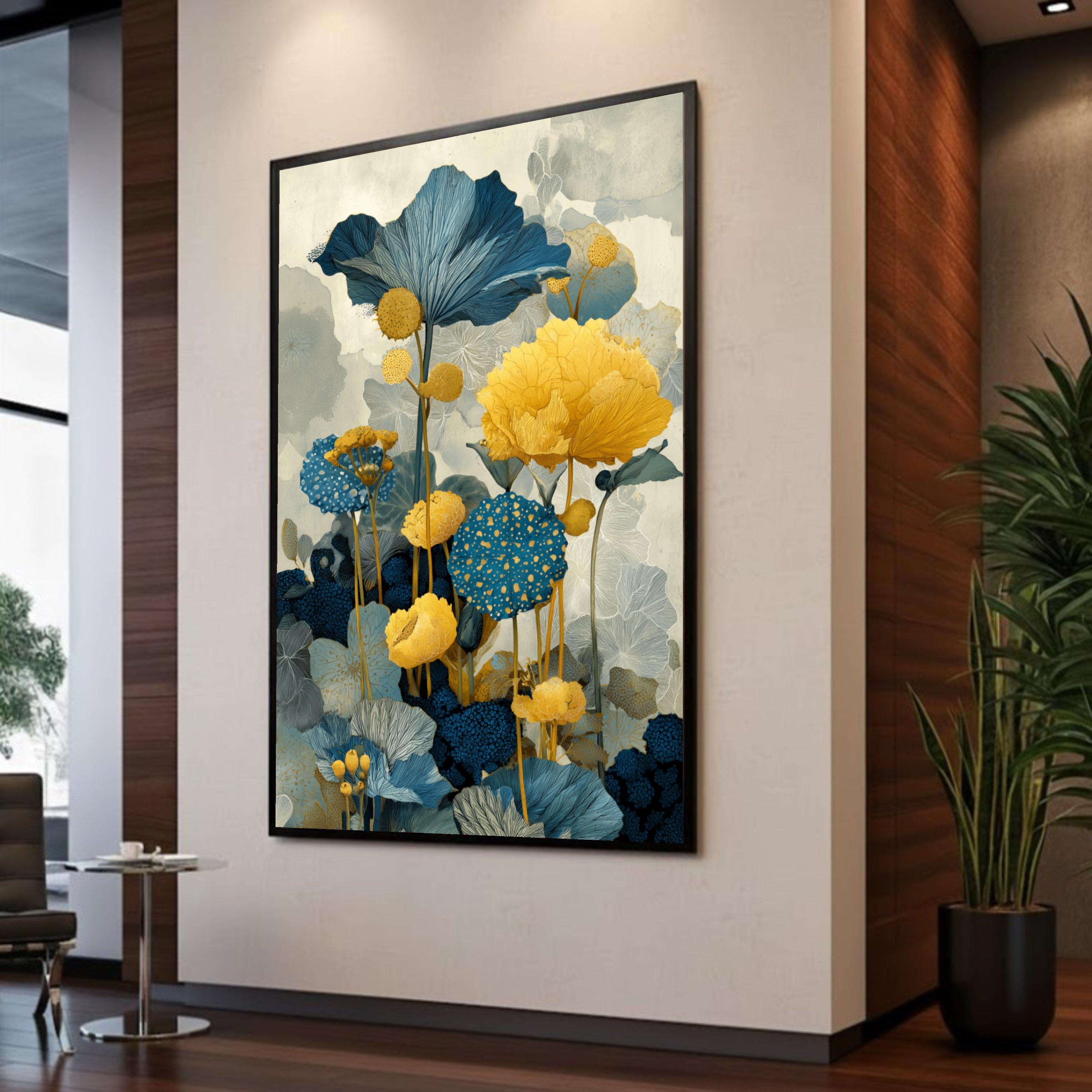 Modern Blue and Yellow Floral Canvas Wall Art, Abstract Botanical ...