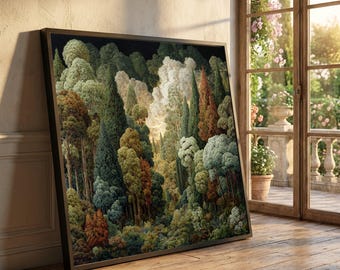 Lienzo de bosque encantado, paisaje de exuberante vegetación, escena mística del bosque, decoración natural para el hogar, listo para colgar.