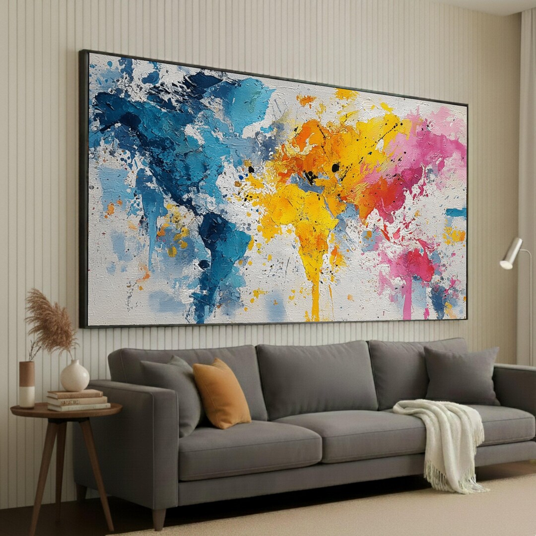 Abstract Color Splash World Map Canvas, Vibrant Blue Yellow Pink Wall ...