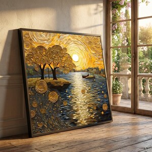 Tela de Gustav Klimt ao pôr do sol, arte de parede com paisagem de rio dourado, decoração moderna abstrata com árvore e barco, tela para casa