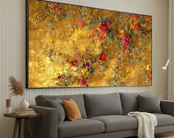 Gustav Klimt Złoty Kwiatowy Obraz Ścienny na Płótnie, Ozdobny Botaniczny Dekor, Żywa Natura Elegancka Dekoracja Do Domu, Gotowa do Powieszenia