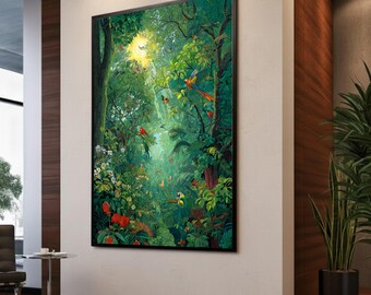 Tropical Rainforest Scene Canvas, Exotic Birds Wall Art, Lush Green Foliage Decor, Jungle Nature Canvas, Vibrant Wildlife Illustration,
