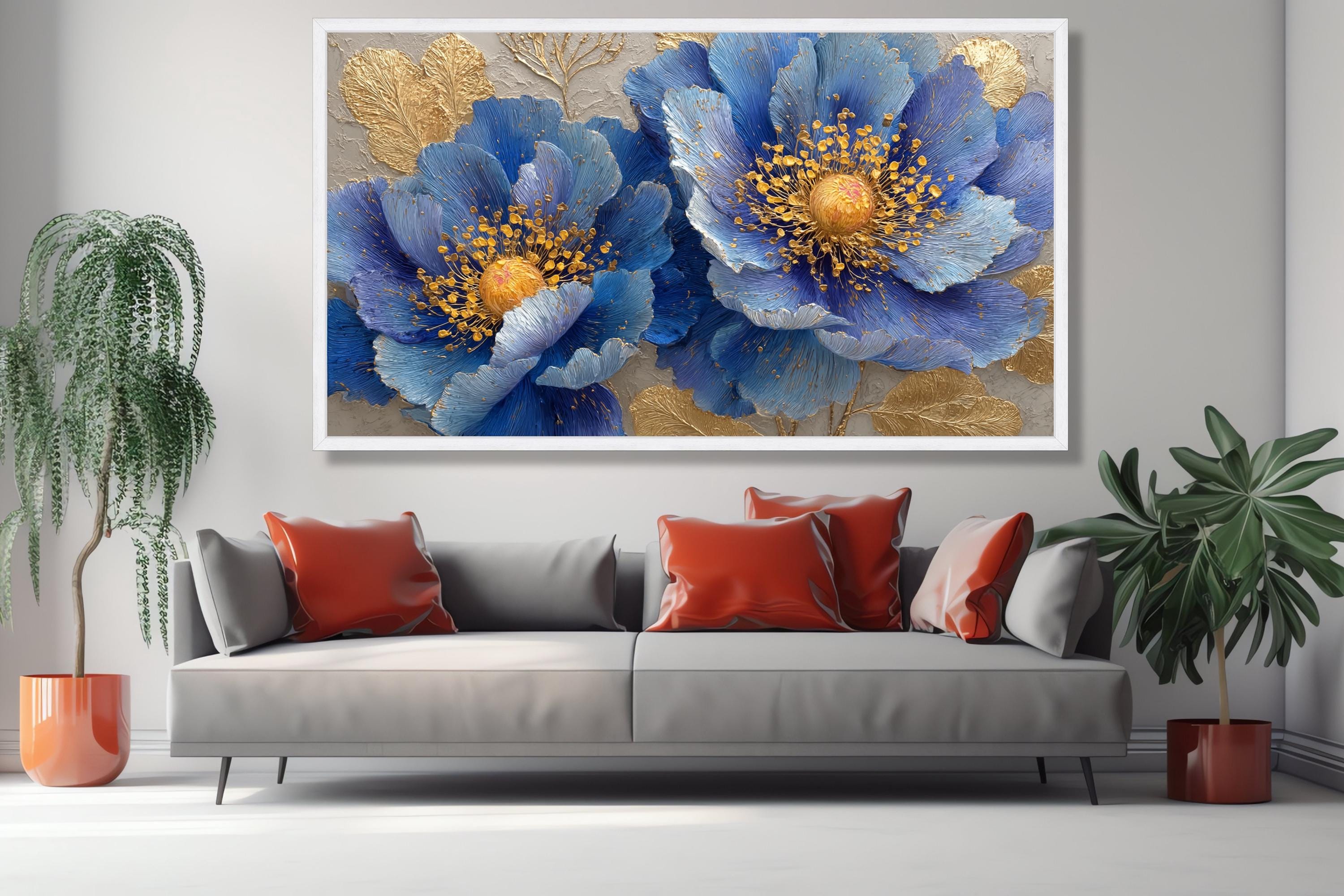 Blue and Gold Floral Canvas Wall Art, Large Flowers Canvas, Elegant ...