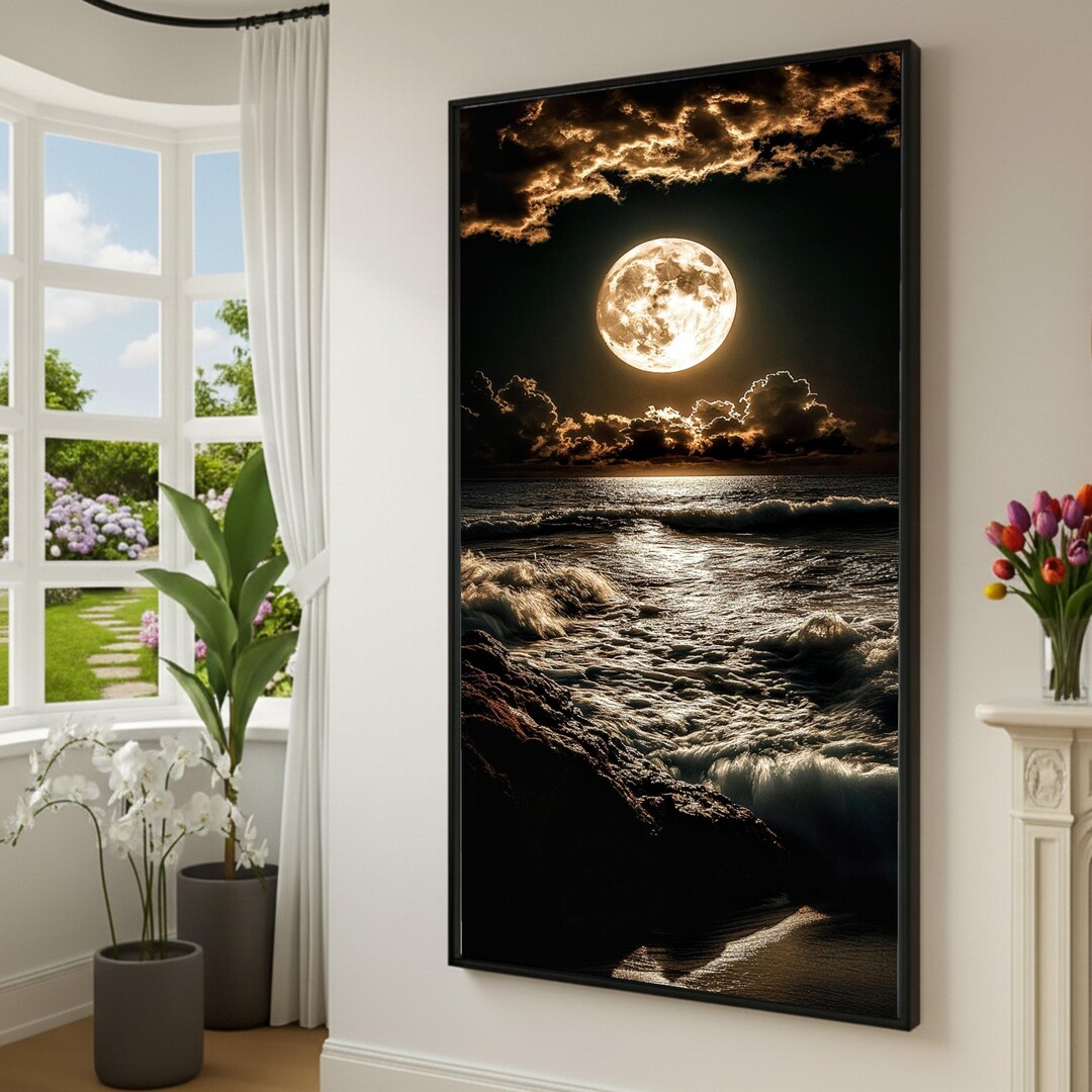 Glowing Full Moon Over Ocean Waves Canvas, Night Seascape Wall Art ...