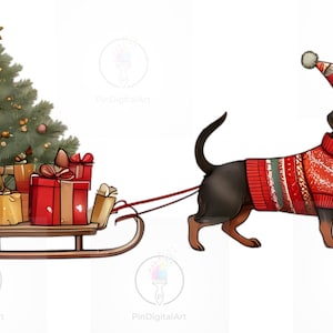 Puede incluir: Ilustración en acuarela de una escena navideña. Un árbol de Navidad decorado con una estrella y regalos en un trineo de madera. Un perro salchicha con un suéter y gorro rojos tira del trineo.