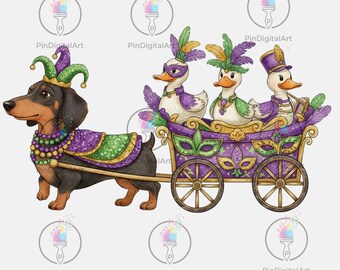 Desfile de perros salchichas de Mardi Gras PNG - Sublimación de carnaval de perros salchichas y patos