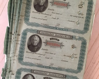Antique 1870's United States Internal Revenue Distillery Casket Tax Stamp Certificates Set of 5 sheets