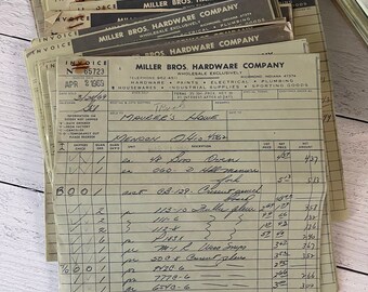 Beautiful Green 1960’s Miller Bros Hardware Co wholesale invoices Set of 5