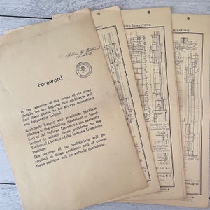 May include: A collection of vintage architectural blueprints and a foreword page. The blueprints feature detailed drawings of Indiana Limestone construction, including sections, elevations, and plans. The foreword page includes text about the series of cut stone details.
