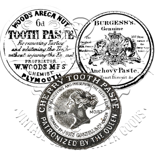 Antique Black and White Dental & Anchovy Pastes Advertising Labels Commercial Digital PNG Clip Art