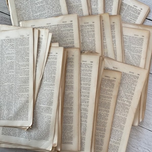 Puede incluir: Un conjunto de páginas de diccionario antiguas, que muestran palabras y sus definiciones. Las páginas están amarillentas por el tiempo, creando una estética vintage. Las páginas están apiladas y desplegadas, mostrando el texto y la textura del papel.