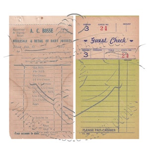 May include: Vintage dairy products receipt and guest check. The receipt includes the business name "A. C. Bosse" and details like "Wholesale & Retail of Dairy Products." The guest check has a check number 24 and a server number 3.