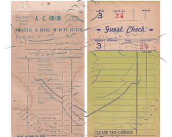 Vintage 1930s Guest Check & Dairy Receipts Set of 2 PNG Digital Image Clip Art Commercial Use