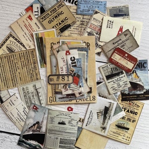 PHC nr 81 Antik Titanic Ocean Liner Ephemera Set med 31 reproduktioner av gummerade etiketter eller klistermärken