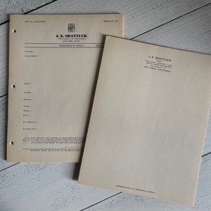 Vintage J.E. Shattuck Listado de memorandos y membretes de San Diego, CA, 2 hojas