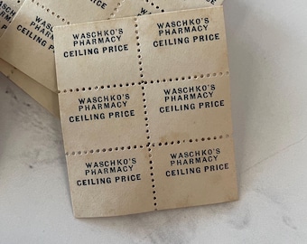 Antique Waschko’s Pharmacy Ceiling Price Gummed Price Label Sheet Single Sheet