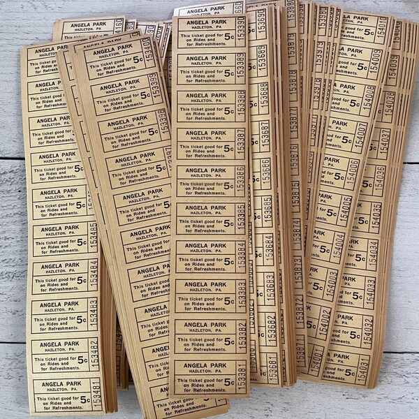 Vintage Angela Park 5 Cent Ride & Refreshment Ticket Strips Set of 10 tickets