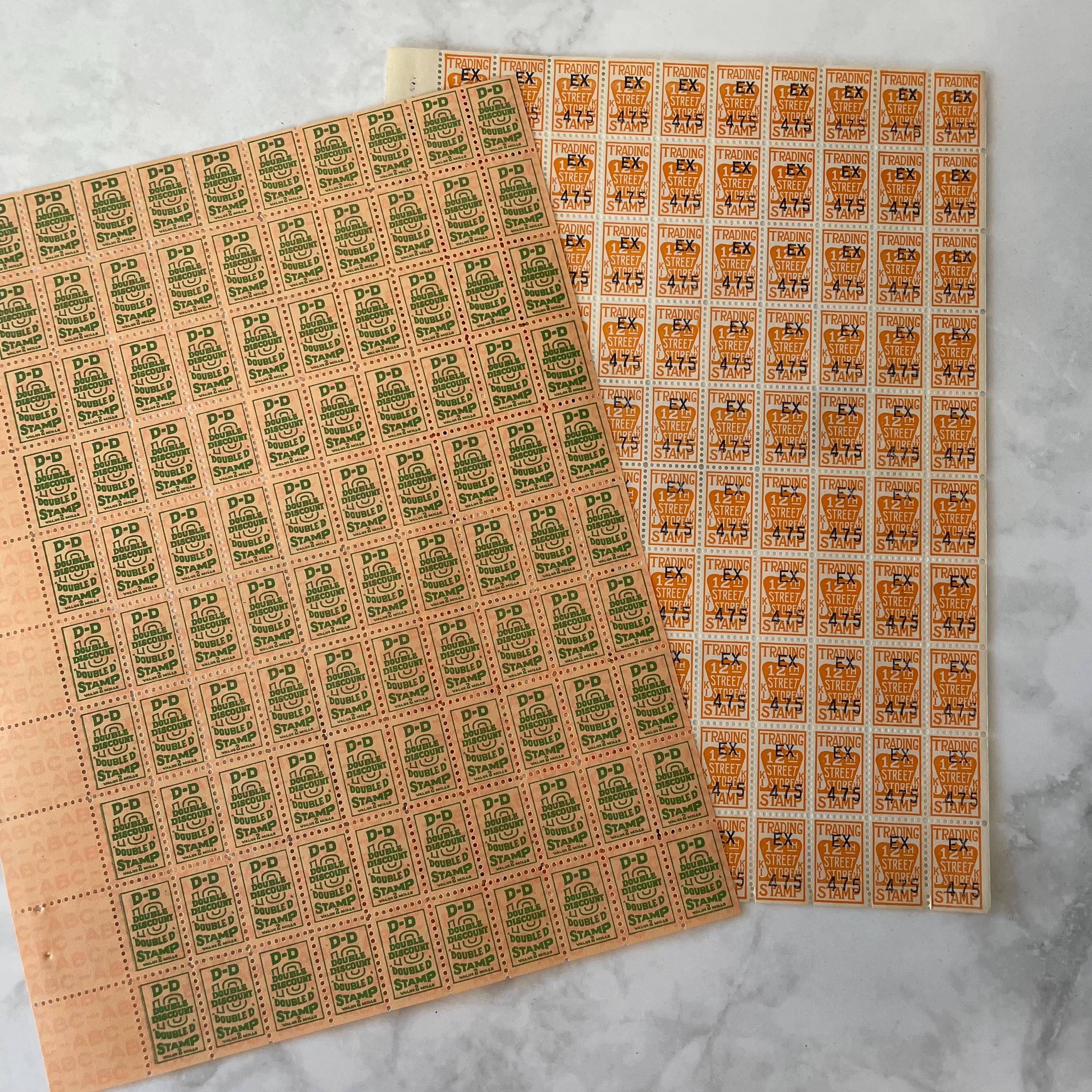 2 Vintage Full Sheet Unused Gold Coin 12th Street Store Stamps & Double Discount Trading Stamps Sheets