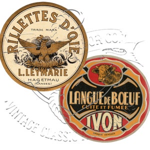 May include: Two vintage food labels. The top label reads "Rillettes D'Oie" with an eagle illustration. The bottom label says "Langue de Boeuf" with a cow illustration. Both labels have ornate borders.