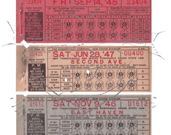 Antique 1940s Connecticut Co. Tickets Set of 3 PNG Digital Image Clip Art Commercial Use