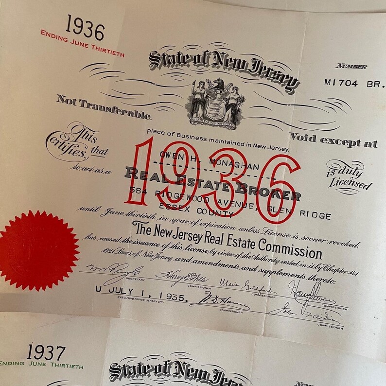 Antique 1930s State of New Jersey Real Estate Broker License Etsy