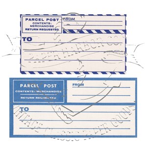 Vintage Dennison paquete paquete etiquetas de correo conjunto de 2 PNG imagen digital Clip Art uso comercial