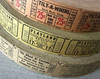 Vintage Tickets from the roll! Tilt-A-Whirl, The Wheel of Fortune & Playland Set of 15 tickets