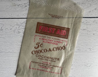 Vintage 5 Cent Chocolate-A-Choo Cocoanuts First Aid Glassine Treat Bag