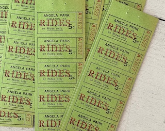 Vintage Angela Park Green Ride Ticket Strip of 10 Perforated Tickets