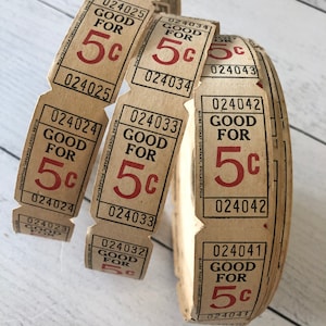 Antik 1940er Jahre Gut für 5 Cent Tickets Strip of 5 Tickets