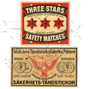 Antike Drei Sterne & Sakerhets Streichholzschachtel Sicherheit Streichhölzer Werbeetiketten Kommerziell Digitale PNG ClipArt