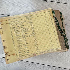 May include: Vintage address book with yellowed pages and handwritten entries. The book has green alphabetical dividers and shows names and page numbers. The cover is worn, with visible signs of age and use.
