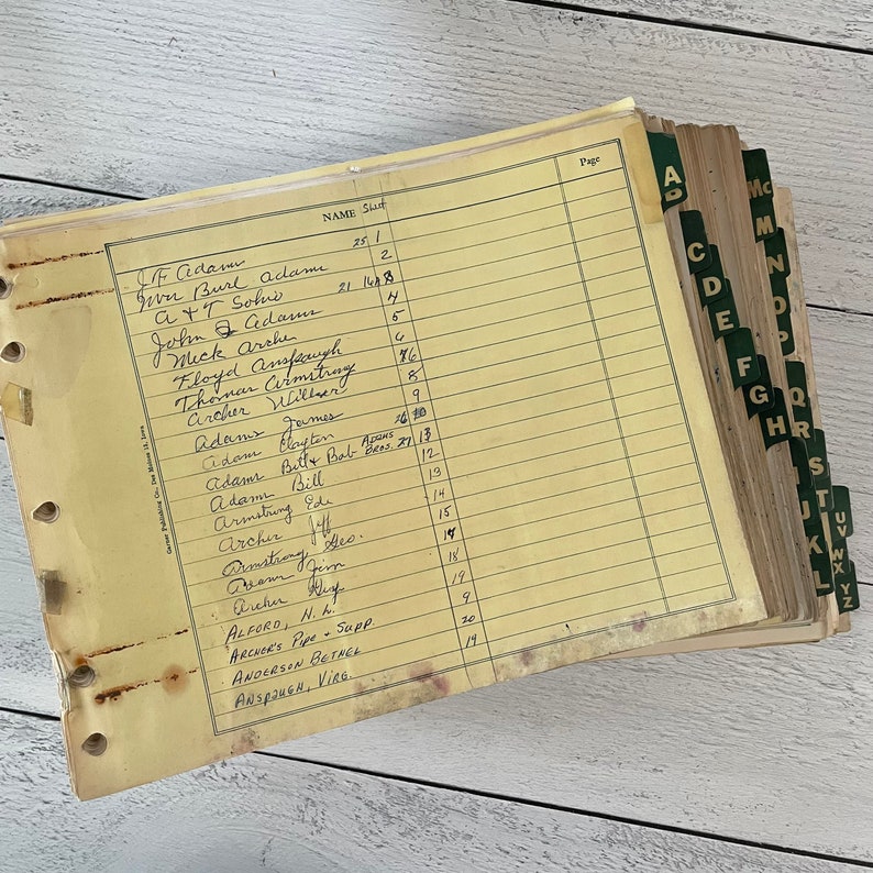 May include: Vintage address book with yellowed pages and handwritten entries. The book has green alphabetical dividers and shows names and page numbers. The cover is worn, with visible signs of age and use.