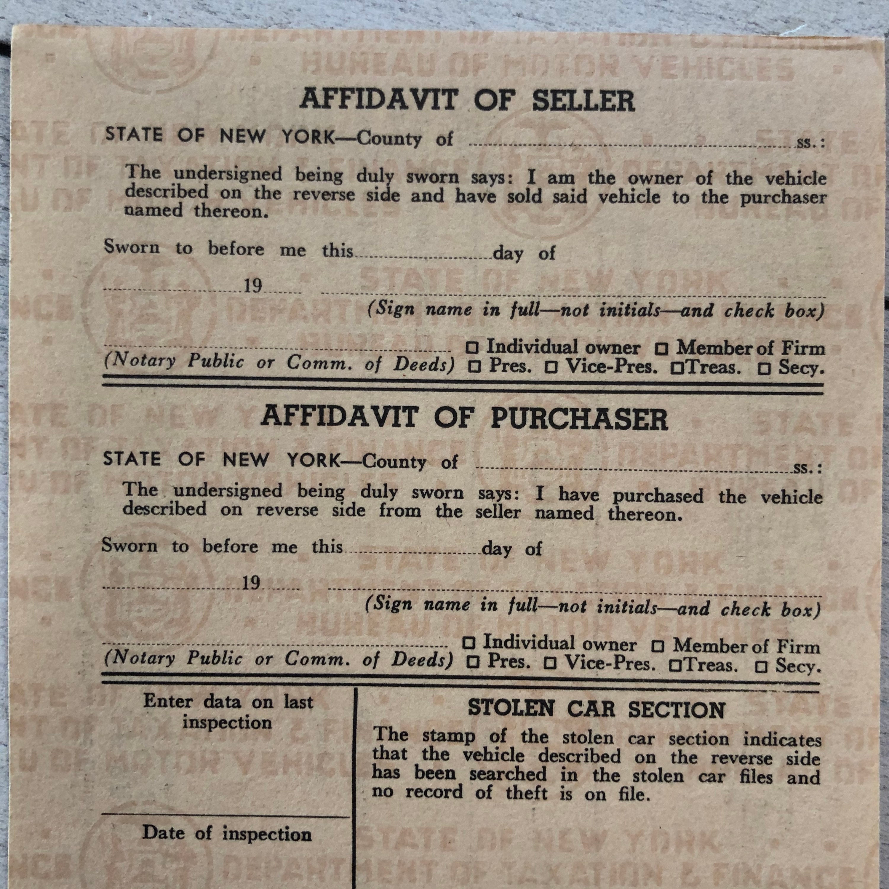 Vintage State of New York Motor Vehicles Affidavit of Sale - Etsy