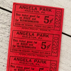 Vintage Angela Park of Hazelton, PA Red 5 Cent Erfrischungsticket Streifen