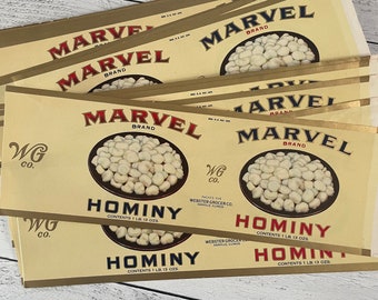 Vintage Marvel Brand Hominy Can Labels. Unused NOS
