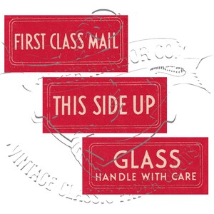 Etiquetas de correo vintage de primera clase Este lado hacia arriba etiquetas de vidrio conjunto de 3 PNG imagen digital Clip Art uso comercial