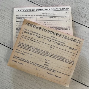 Certificati di conformità vintage dei certificati di vendita di veicoli dello Stato di New York Set di 5 fogli NOS