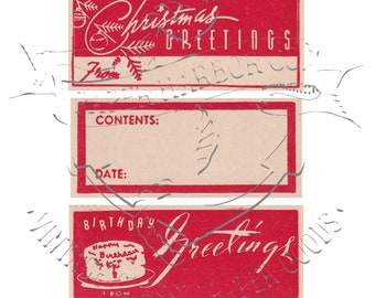 Vintage Christmas Birthday Contents Labels Set of 3 PNG Digital Image Clip Art Commercial Use