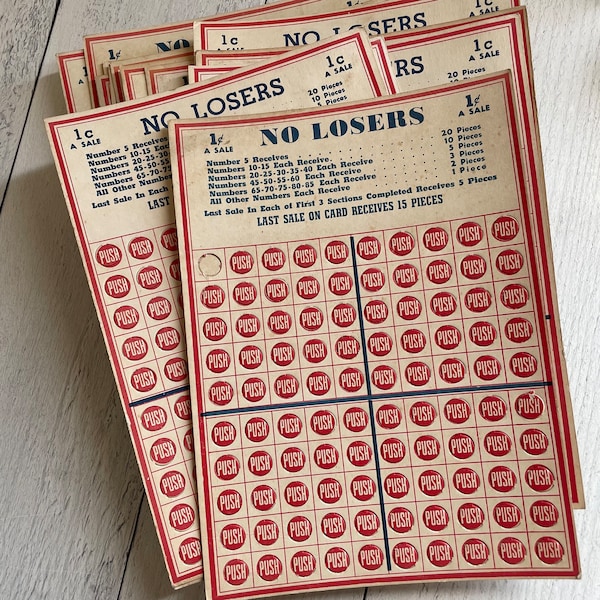 Antique Punch Board Game Cards, 1 Cent a Sale, NO LOSERS- One Board