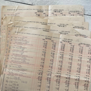 Statistiques ferroviaires géantes d'époque 1939-1940 : rapports sur les kilomètres des trains, des locomotives et des voitures pour différentes destinations