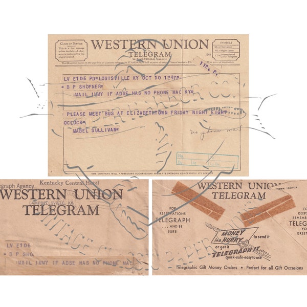 Antique Western Union Telegram and Envelope Set of 3 PNG Digital Image Clip Art Commercial Use