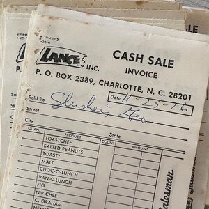 Vintage jaren 1970 Lance Inc. Groothandel contante verkoopfacturen uit Charlotte, NC Set van 3 ontvangstbewijzen