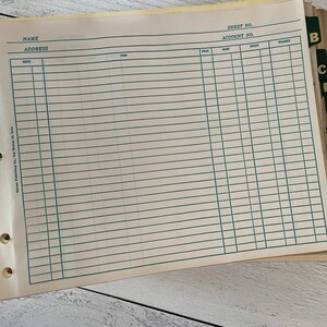 May include: Open ledger book pages with green ruled lines and columns for accounting. The top of the page includes fields for name, address, sheet number, and account number. The book is from Garser Publishing Co., Des Moines 13, Iowa.