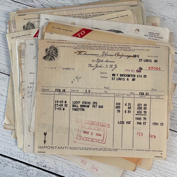 Vintage 1940's Tobacco Company Invoices One Random Invoice