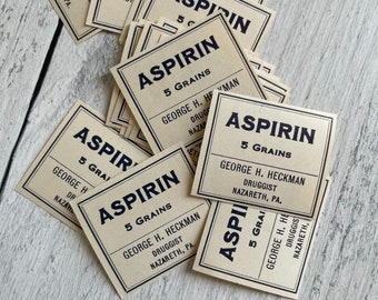 Vintage Gummed Aspirin Apothecary Pharmacy Labels from George H. Heckman, Druggist, Nazareth, PA Single Label